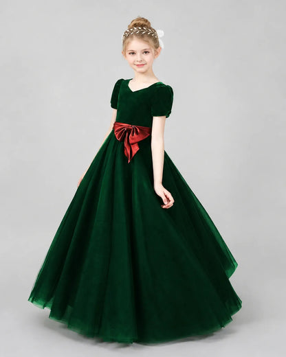 Dark Green Velvet Tulle A-line Girls Formal Dress Front View