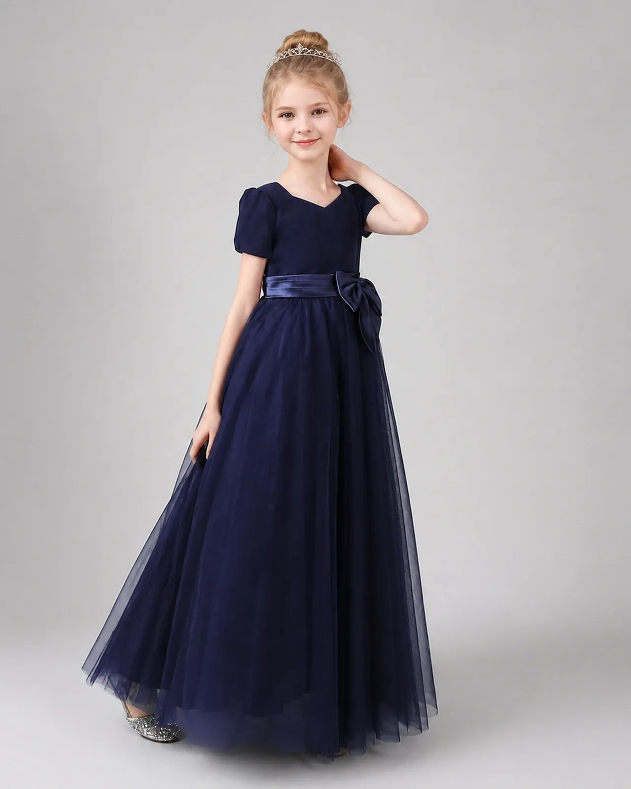 Navy Blue Velvet Tulle A-line Girls Formal Dress Front View