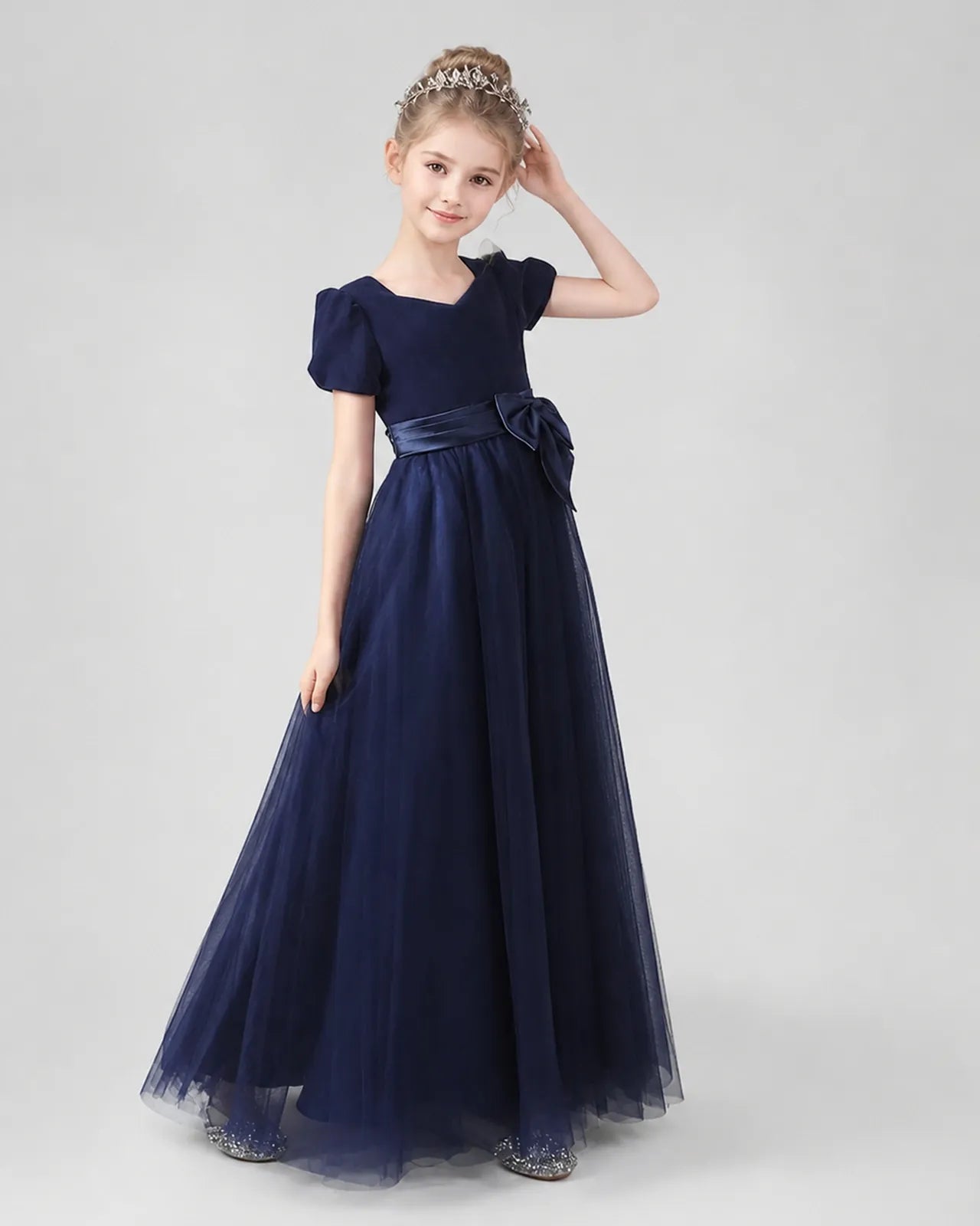 Navy Blue Velvet Tulle A-line Girls Formal Dress Front View