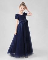 Navy Blue Velvet Tulle A-line Girls Formal Dress Front View