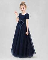 Navy Blue Velvet and Tulle A-line Girls Formal Dress Front View