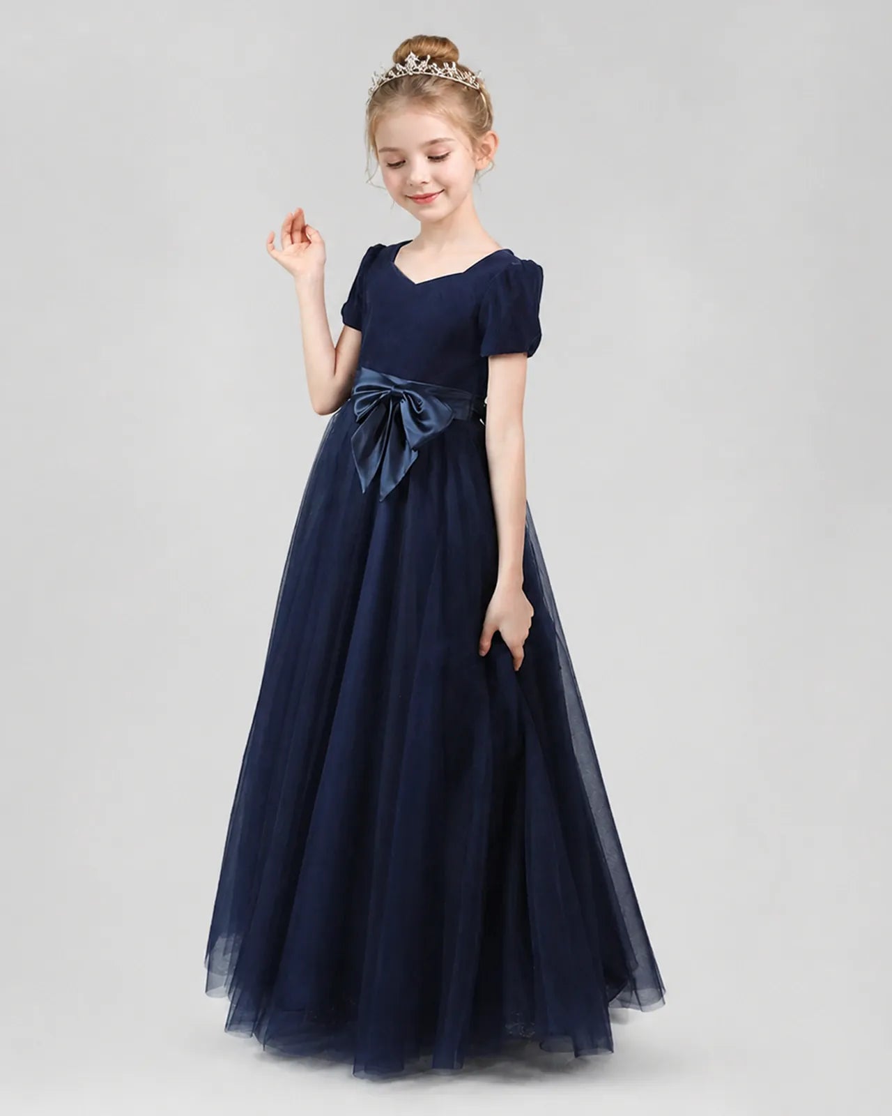 Navy Blue Velvet and Tulle A-line Girls Formal Dress Front View