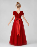 Red Velvet Tulle A-line Girls Formal Dress Back View