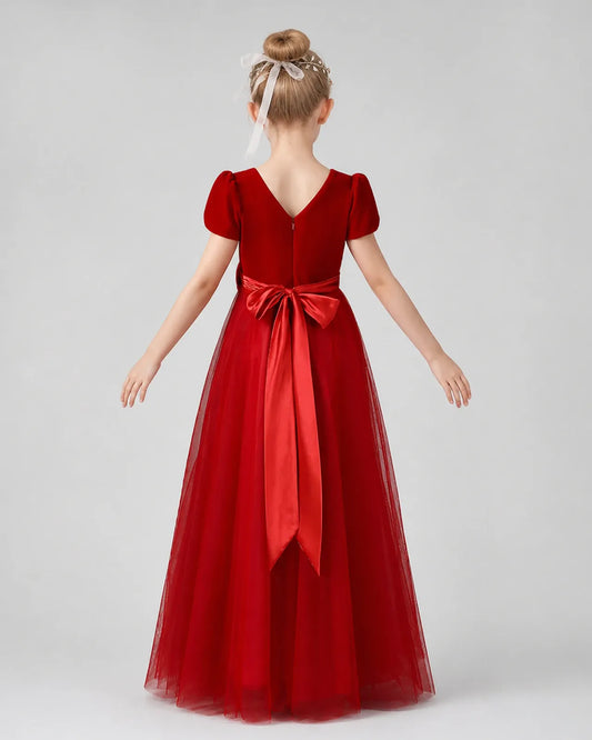 Red Velvet Tulle A-line Girls Formal Dress Back View