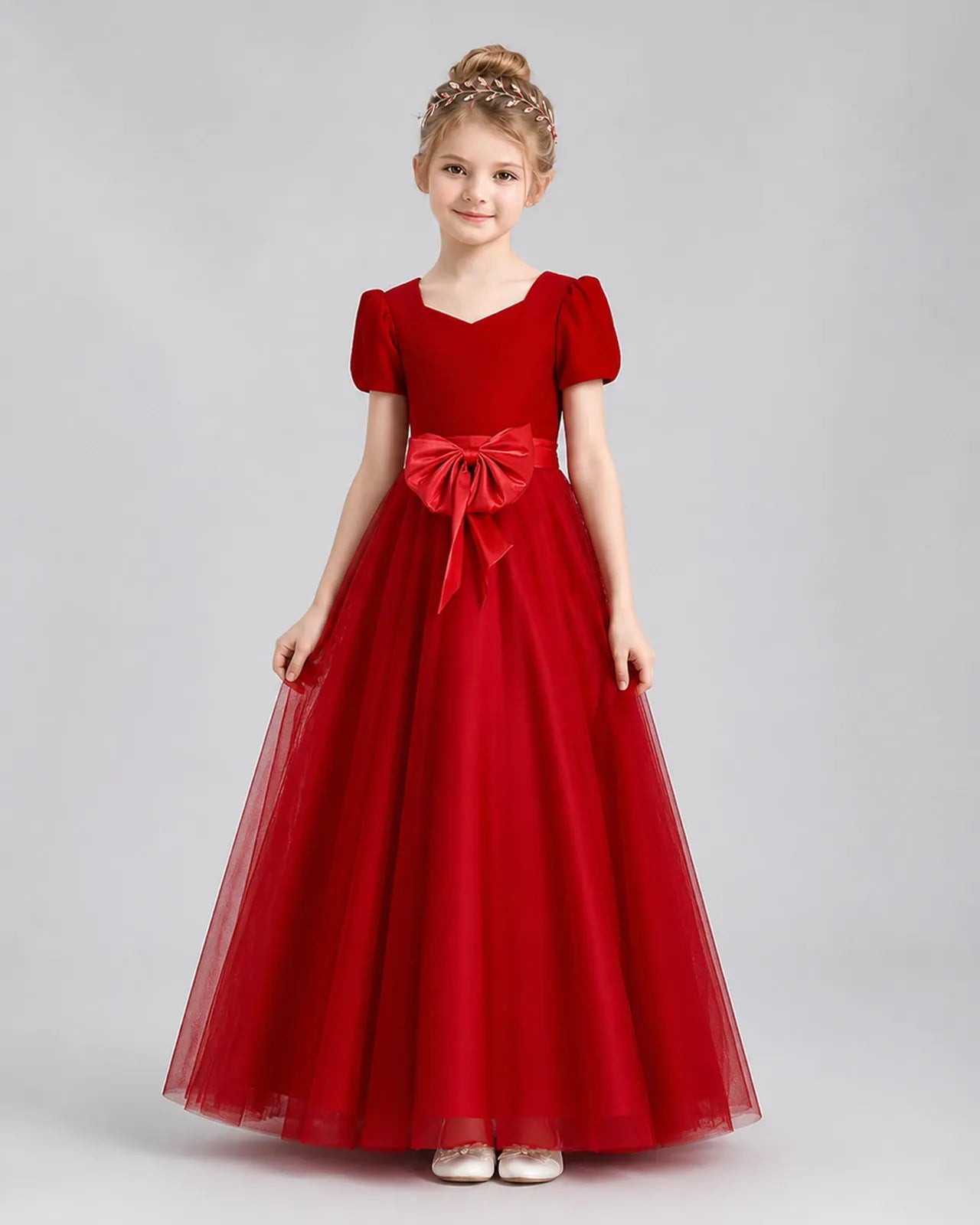 Red Velvet Tulle A-line Girls Formal Dress Front View