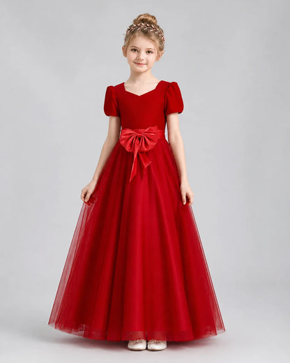 Red Velvet Tulle A-line Girls Formal Dress Front View
