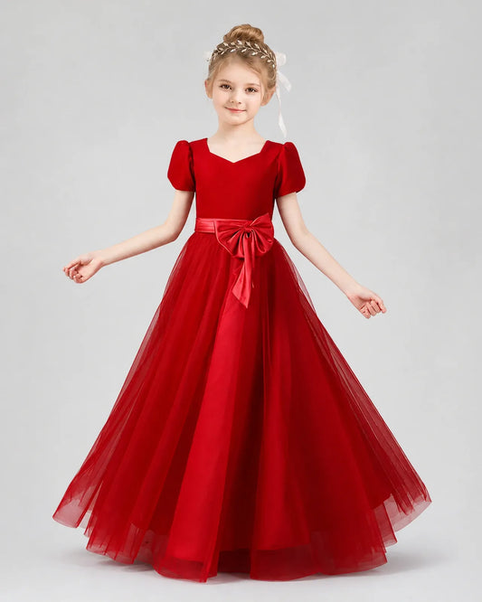 Red Velvet Tulle A-line Girls Formal Dress Front View
