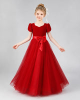 Red Velvet Tulle A-line Girls Formal Dress Front View
