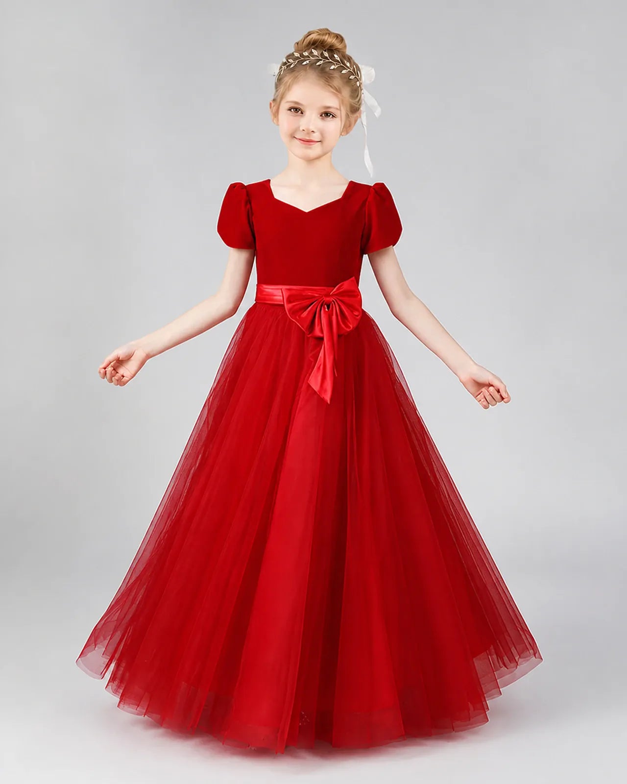 Red Velvet Tulle A-line Girls Formal Dress Front View