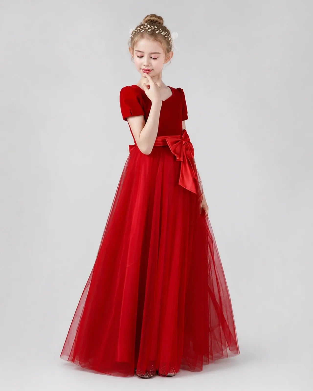 Red Velvet Tulle A-line Girls Formal Dress Side View