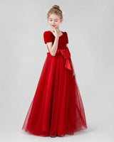 Red Velvet Tulle A-line Girls Formal Dress Side View