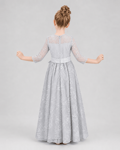 Silver Lace A-line Girls Formal Dress Back View