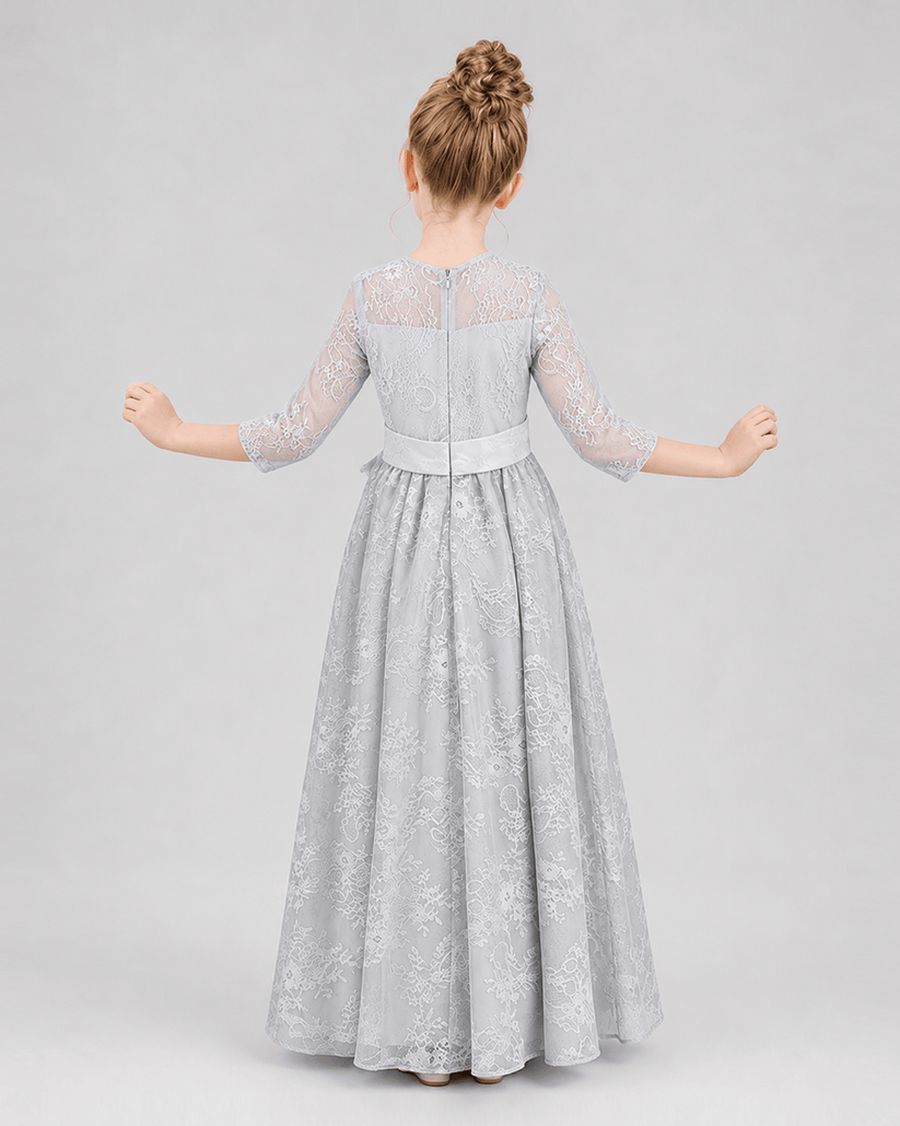 Silver Lace A-line Girls Formal Dress Back View