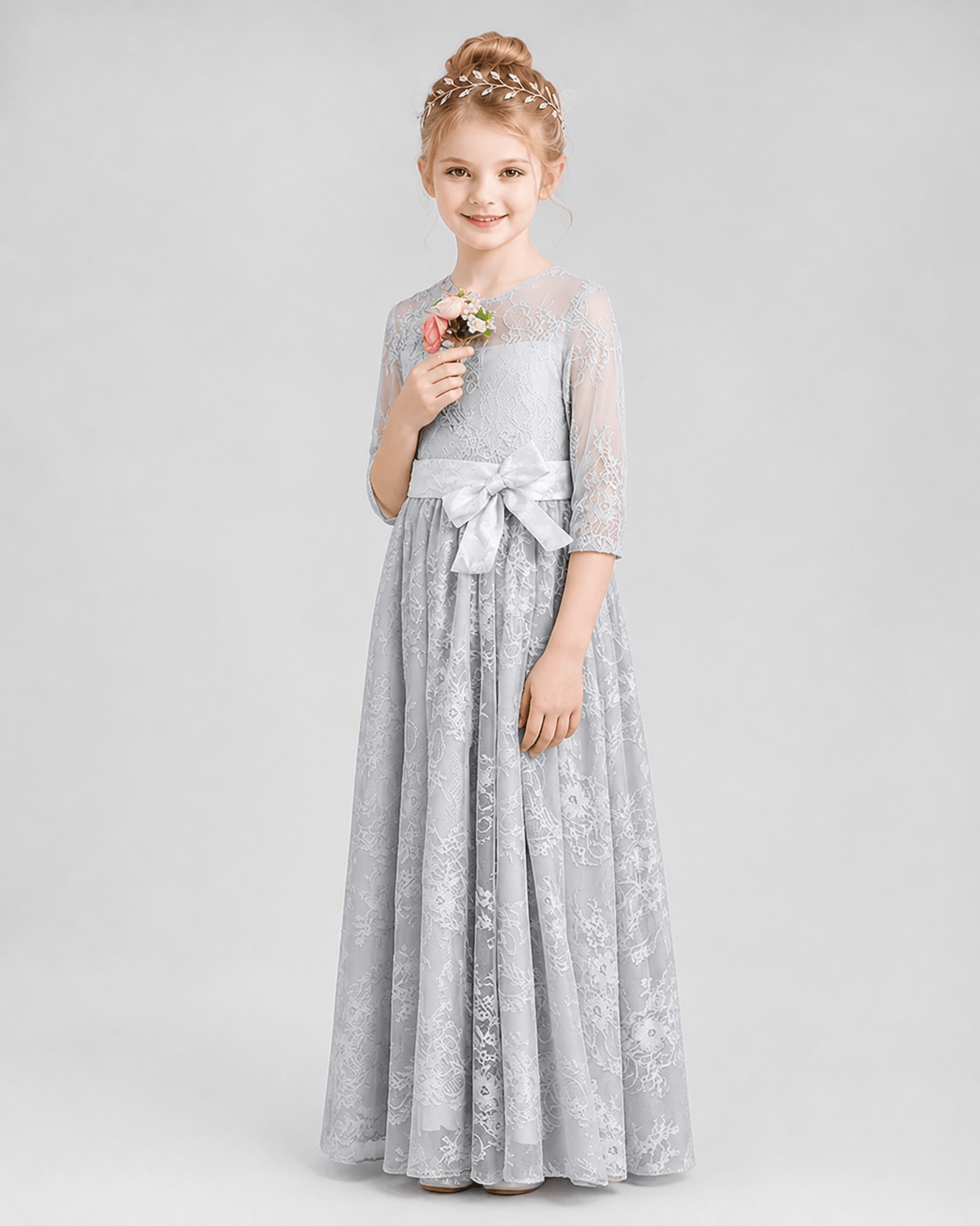 Silver Lace A-line Girls Formal Dress Front View