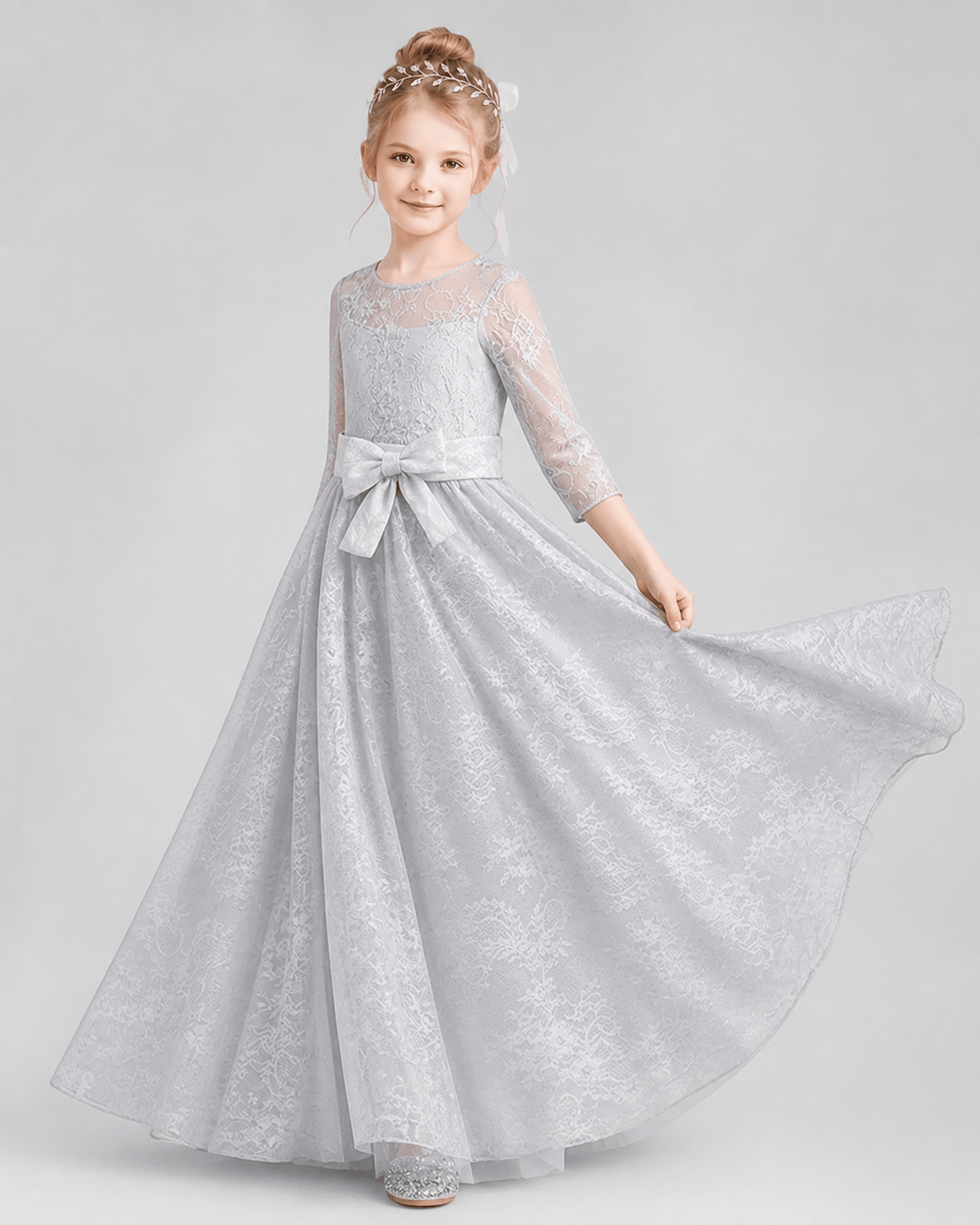 Silver Lace A-line Girls Formal Dress Front View