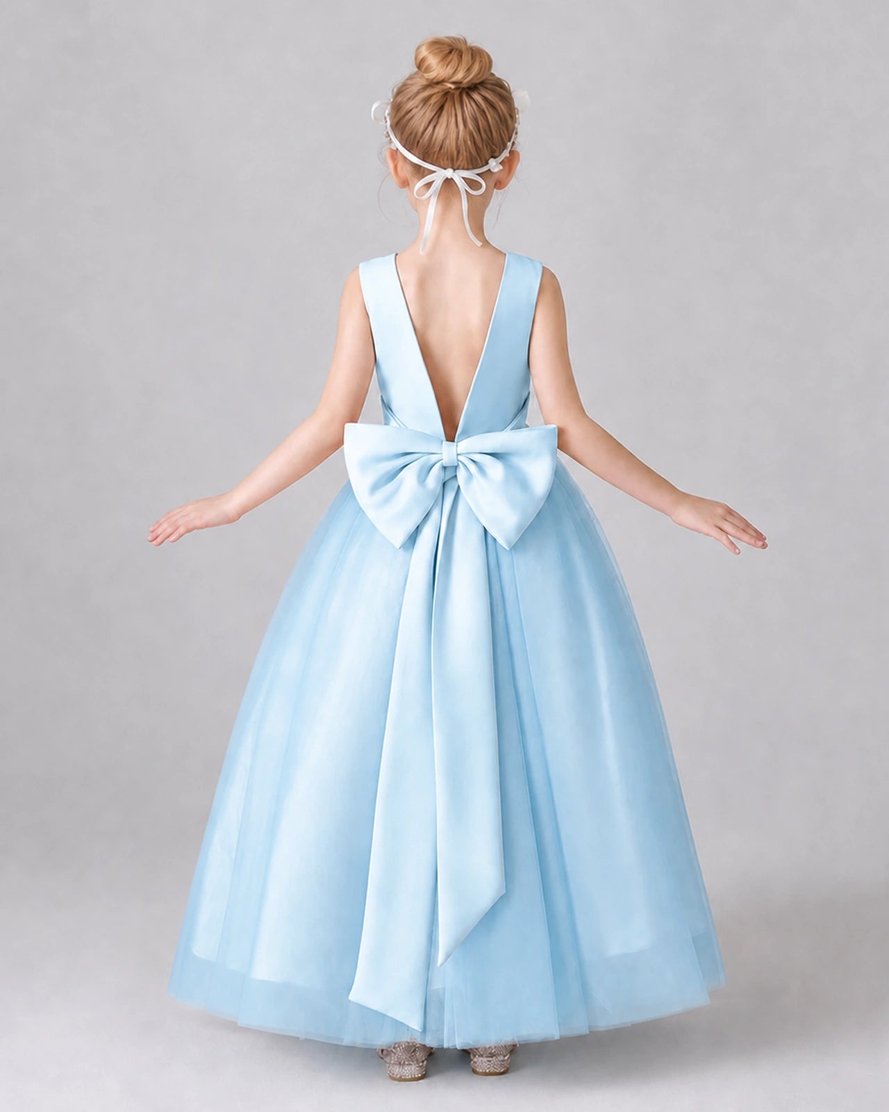 Baby Blue Satin And Tulle A-line Girls Formal Dress Back View