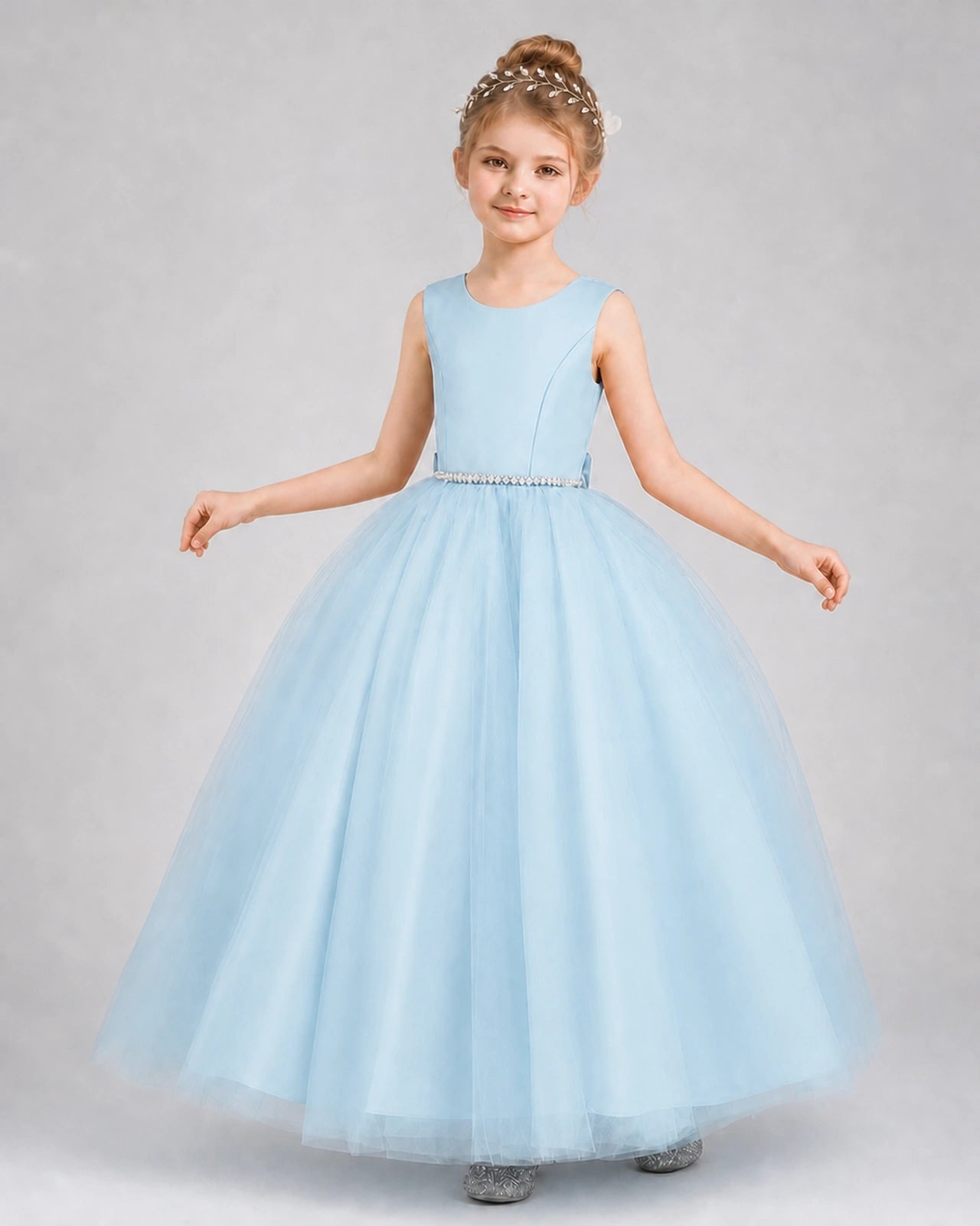Baby Blue Satin and Tulle Ball Gown Girls Formal Dress Front View