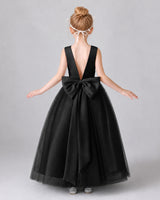 Black Satin Tulle A-line Girls Formal Dress Back View