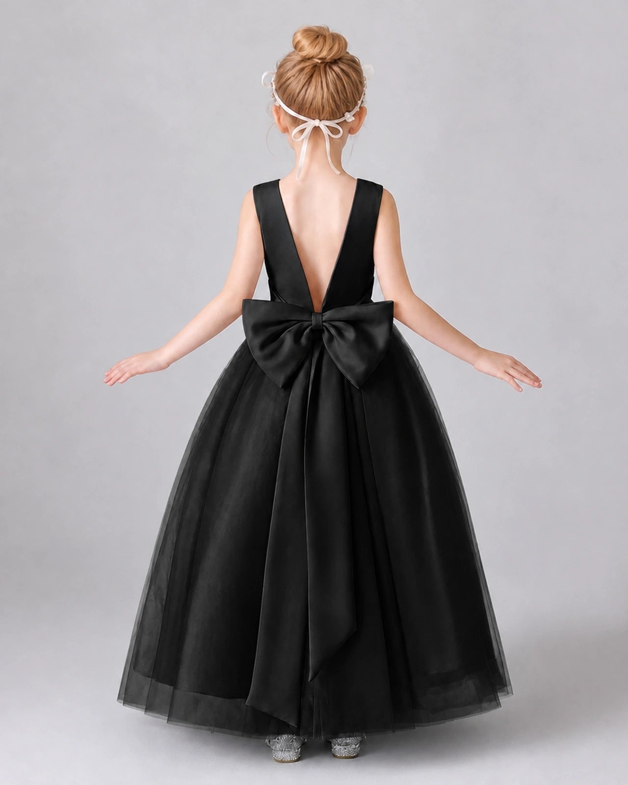 Black Satin Tulle A-line Girls Formal Dress Back View