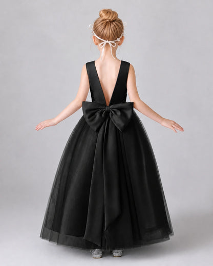 Black Satin Tulle A-line Girls Formal Dress Back View