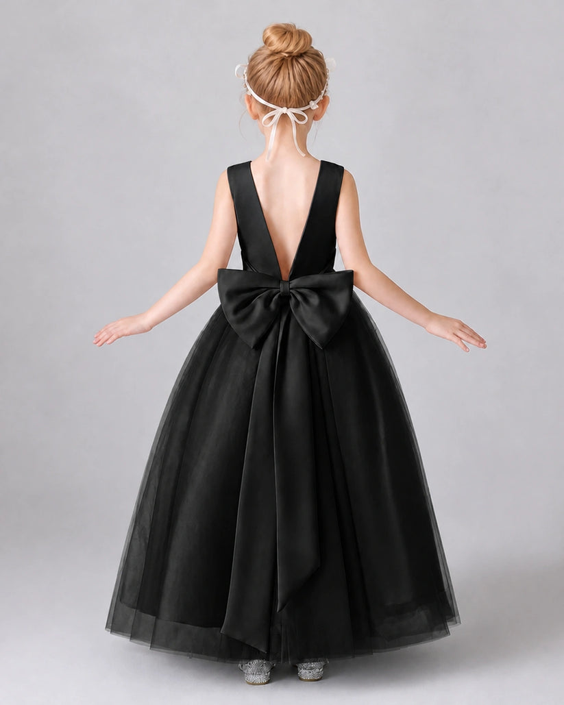 Black Satin Tulle A-line Girls Formal Dress Back View