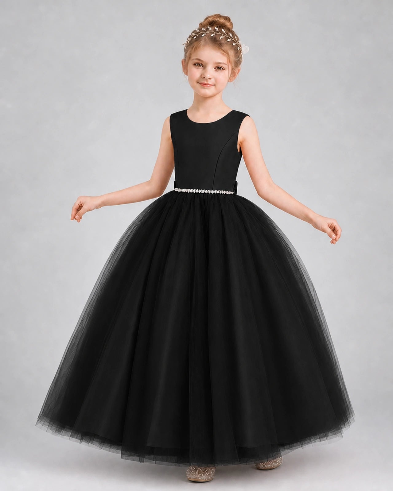 Black Satin and Tulle Ball Gown Girls Formal Dress Front View