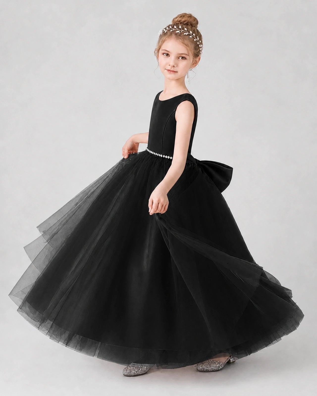 Black Satin Tulle Ball Gown Girls Formal Dress Side View