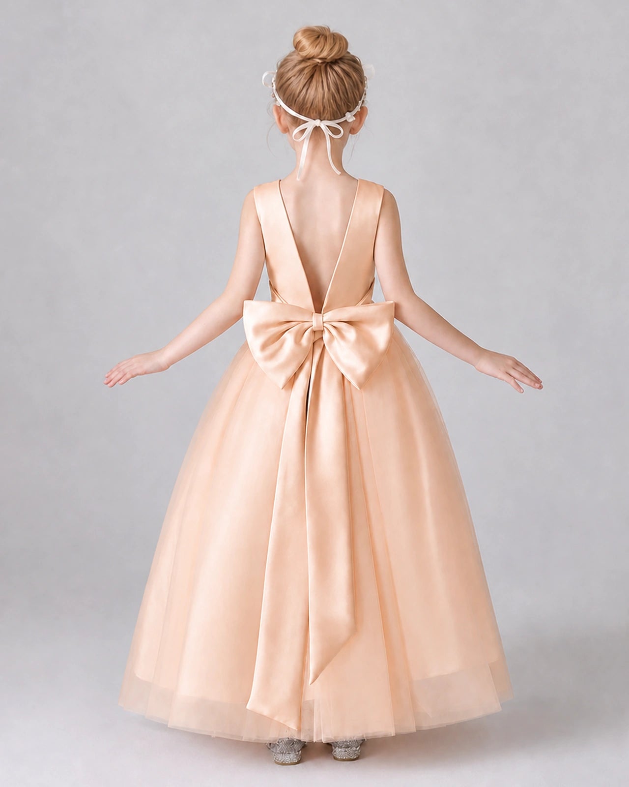 Blush Pink Satin Tulle A-line Girls Formal Dress Back View