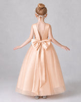 Blush Pink Satin Tulle A-line Girls Formal Dress Back View