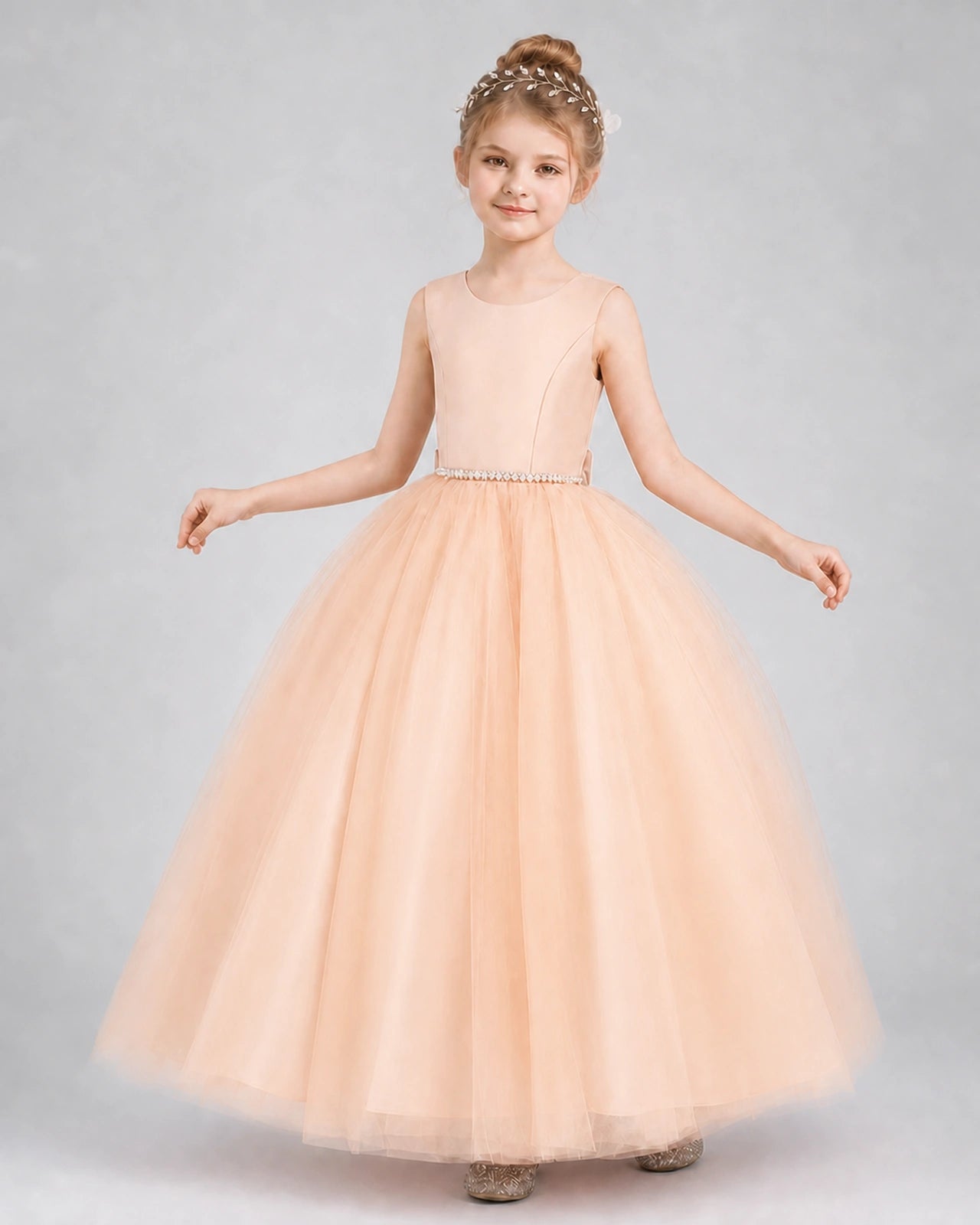 Blush Pink Satin Tulle Ball Gown Girls Formal Dress Front View