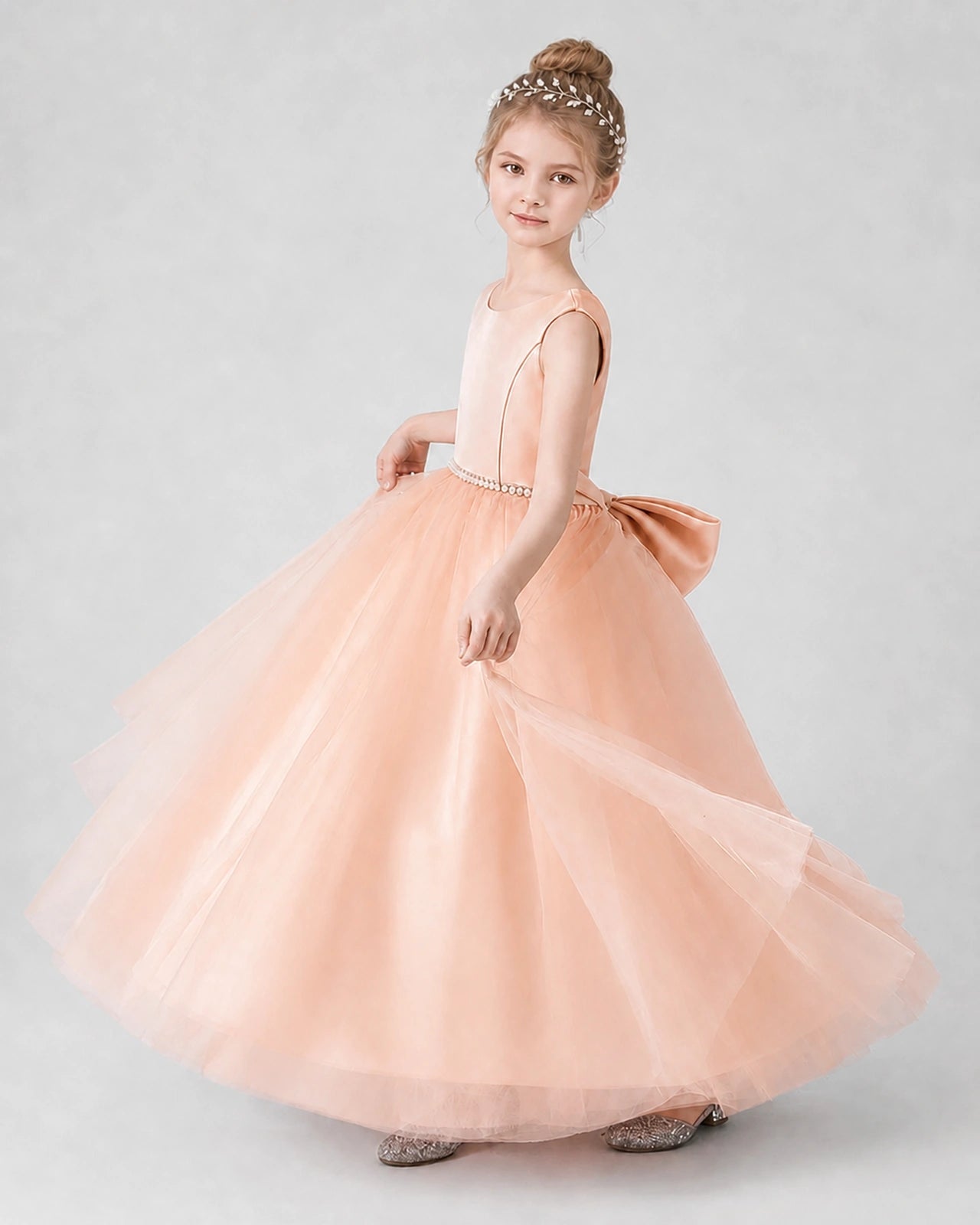 Blush Pink Satin Tulle Ball Gown Girls Formal Dress Side View