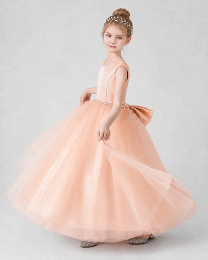 Blush Pink Satin Tulle Ball Gown Girls Formal Dress Side View