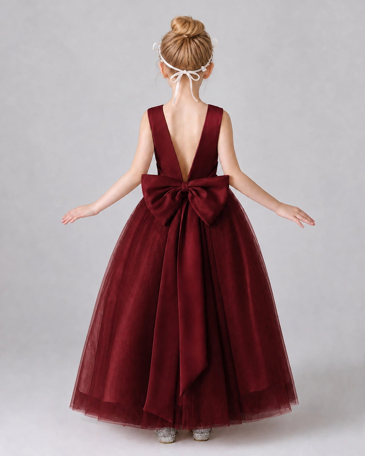 Burgundy Satin Tulle A-line Girls Formal Dress Back View