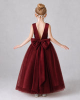 Burgundy Satin Tulle A-line Girls Formal Dress Back View