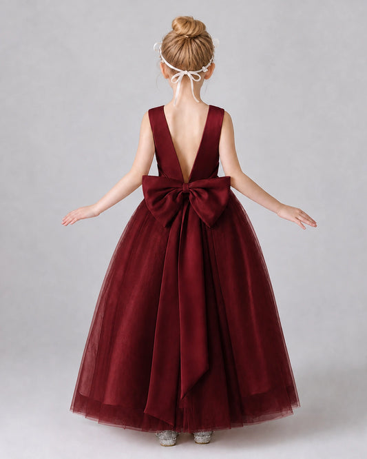 Burgundy Satin Tulle A-line Girls Formal Dress Back View