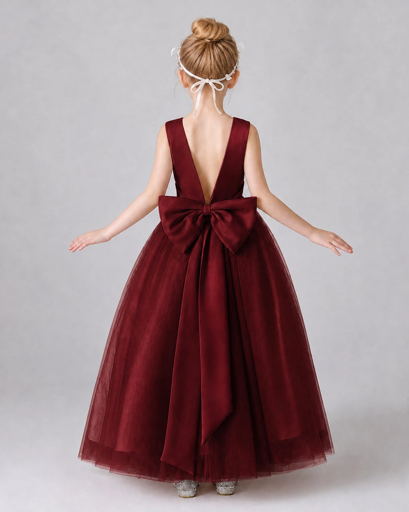 Burgundy Satin Tulle A-line Girls Formal Dress Back View