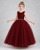 Burgundy Satin Tulle Ball Gown Girls Formal Dress Front View