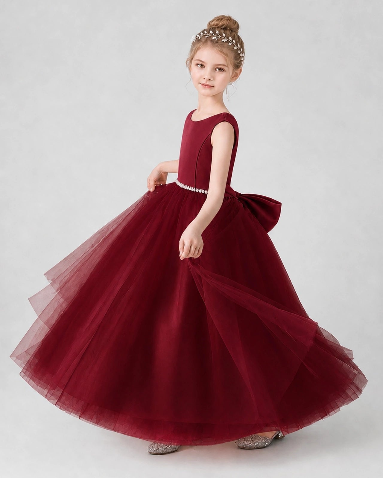 Burgundy Satin Tulle Ball Gown Girls Formal Dress Side View