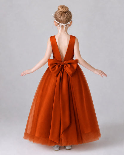 Burnt Orange Satin Tulle A-line Girls Formal Dress Back View