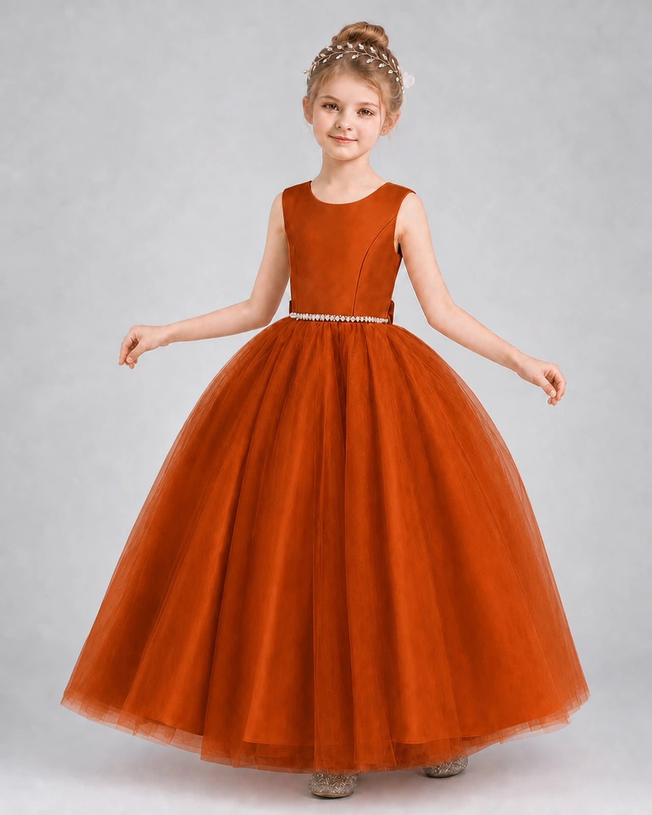 Burnt Orange Satin Tulle A-line Girls Formal Dress Front View