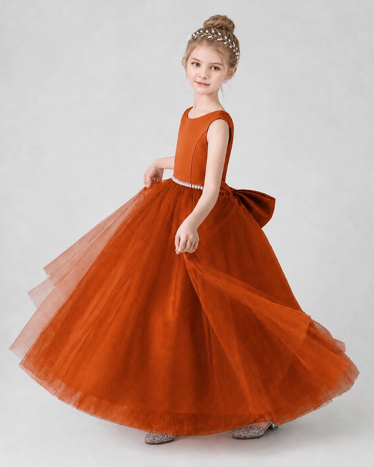 Burnt Orange Satin and Tulle A-line Girls Formal Dress Side View