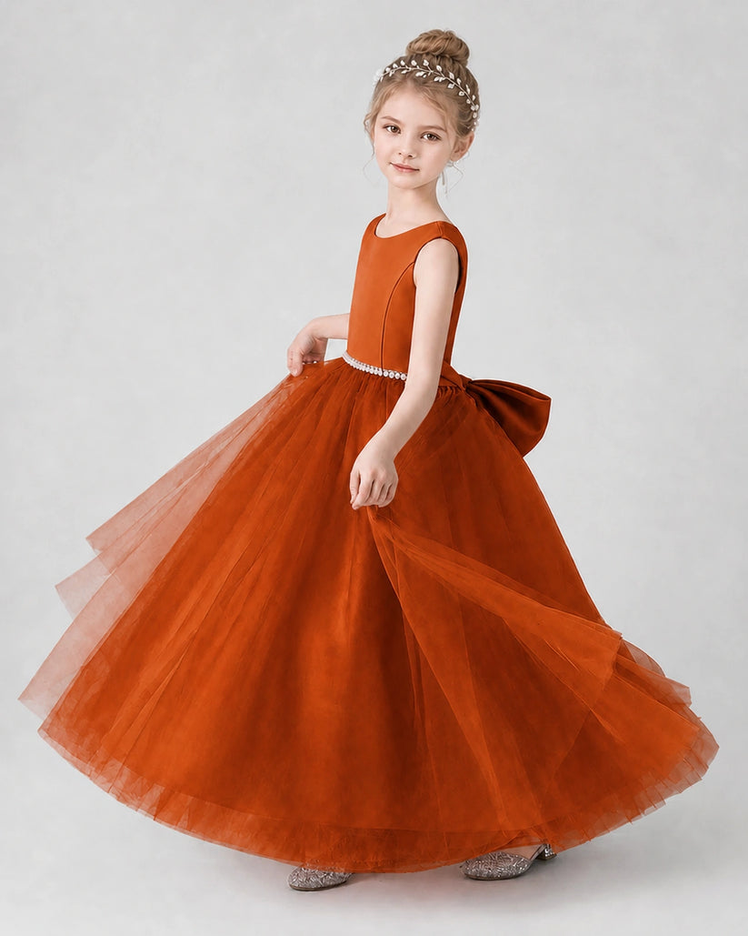 Burnt Orange Satin and Tulle A-line Girls Formal Dress Side View