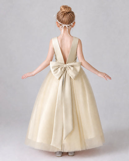Champagne Satin Tulle A-line Girls Formal Dress Back View