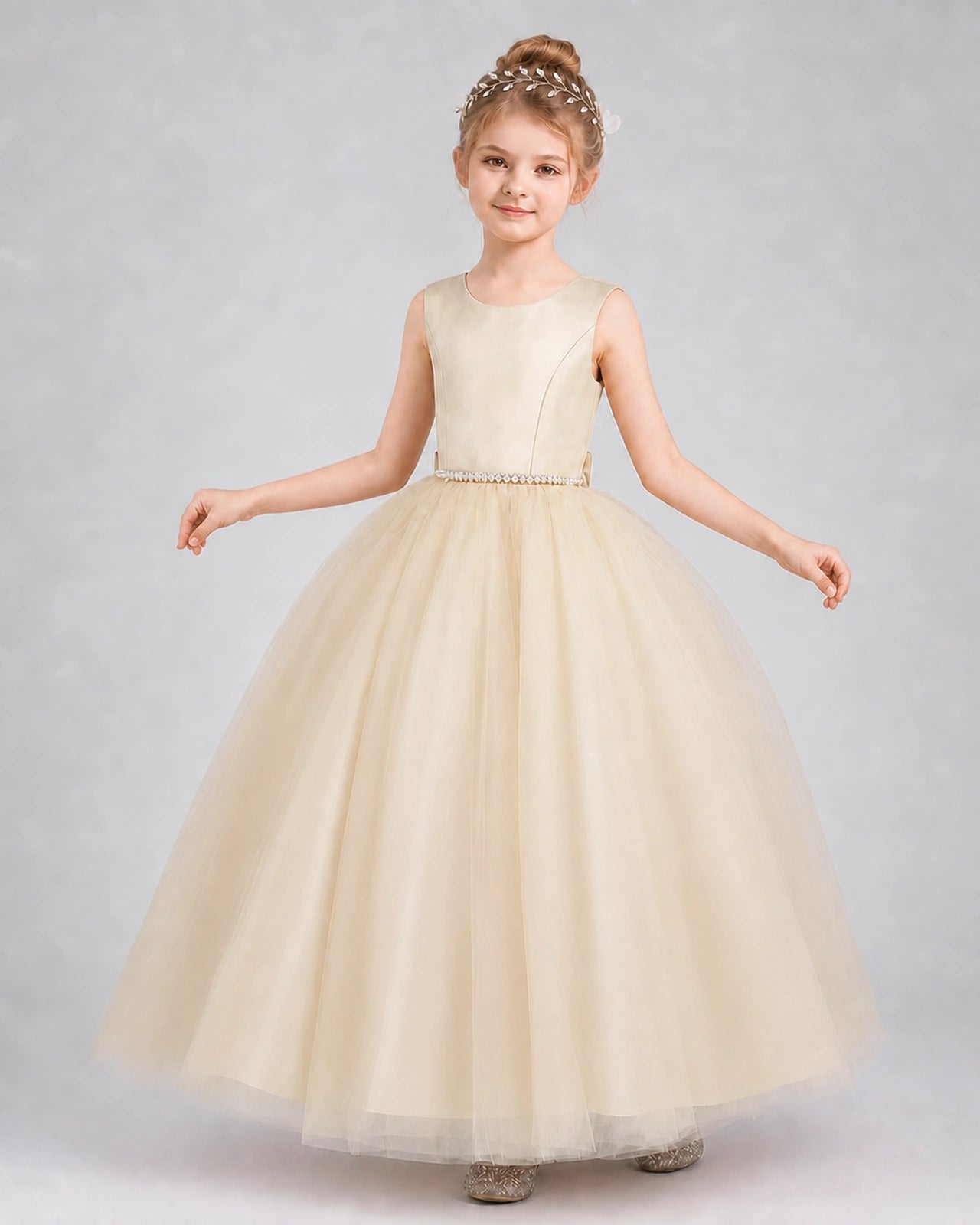 Champagne Satin Tulle Ball Gown Girls Formal Dress Front View