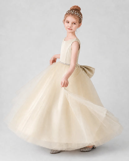 Champagne Satin Tulle Ball Gown Girls Formal Dress Side View
