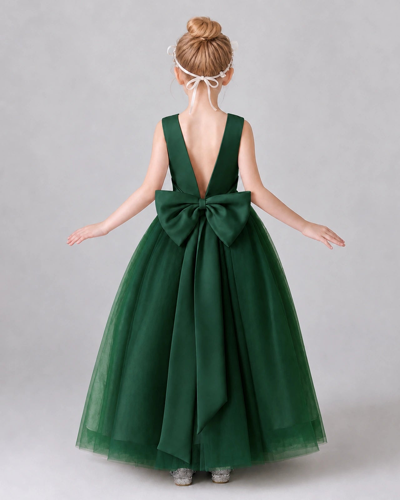 Dark Green Satin Tulle A-line Girls Formal Dress Back View