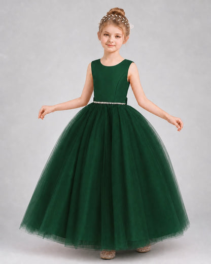 Dark Green Satin and Tulle Ball Gown Girls Formal Dress Front View