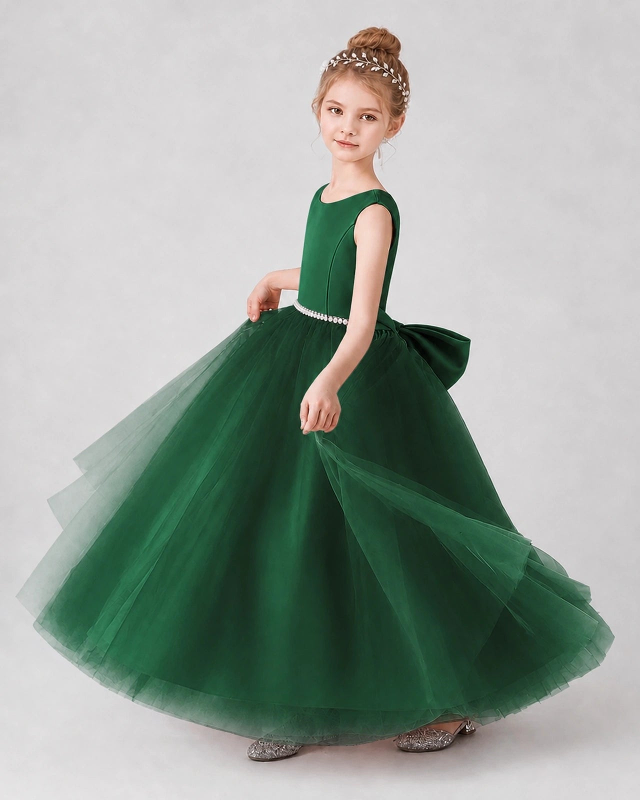 Dark Green Satin Tulle A-line Girls Formal Dress Side View