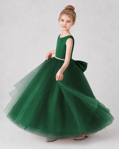 Dark Green Satin Tulle A-line Girls Formal Dress Side View