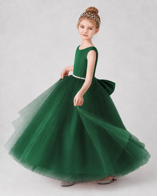 Dark Green Satin Tulle A-line Girls Formal Dress Side View